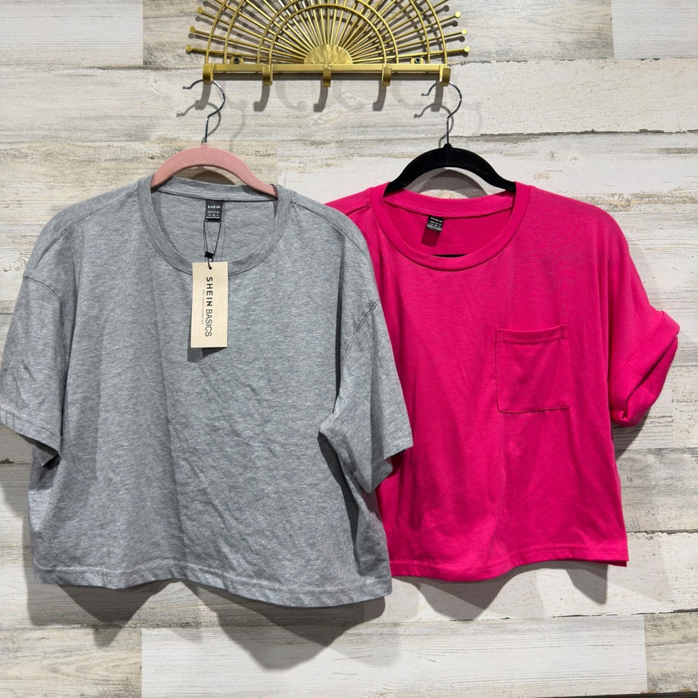 Shein Basics Crop T-Shirt Set Women M Gray Pink Bundle Casual Streetwear